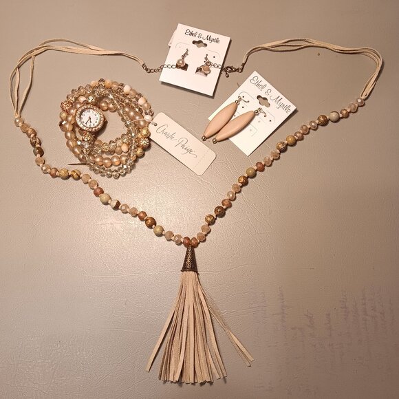 Ethel & Myrtle glass & stone necklace earrings set, glass bead stretch bracelets - Picture 1 of 16